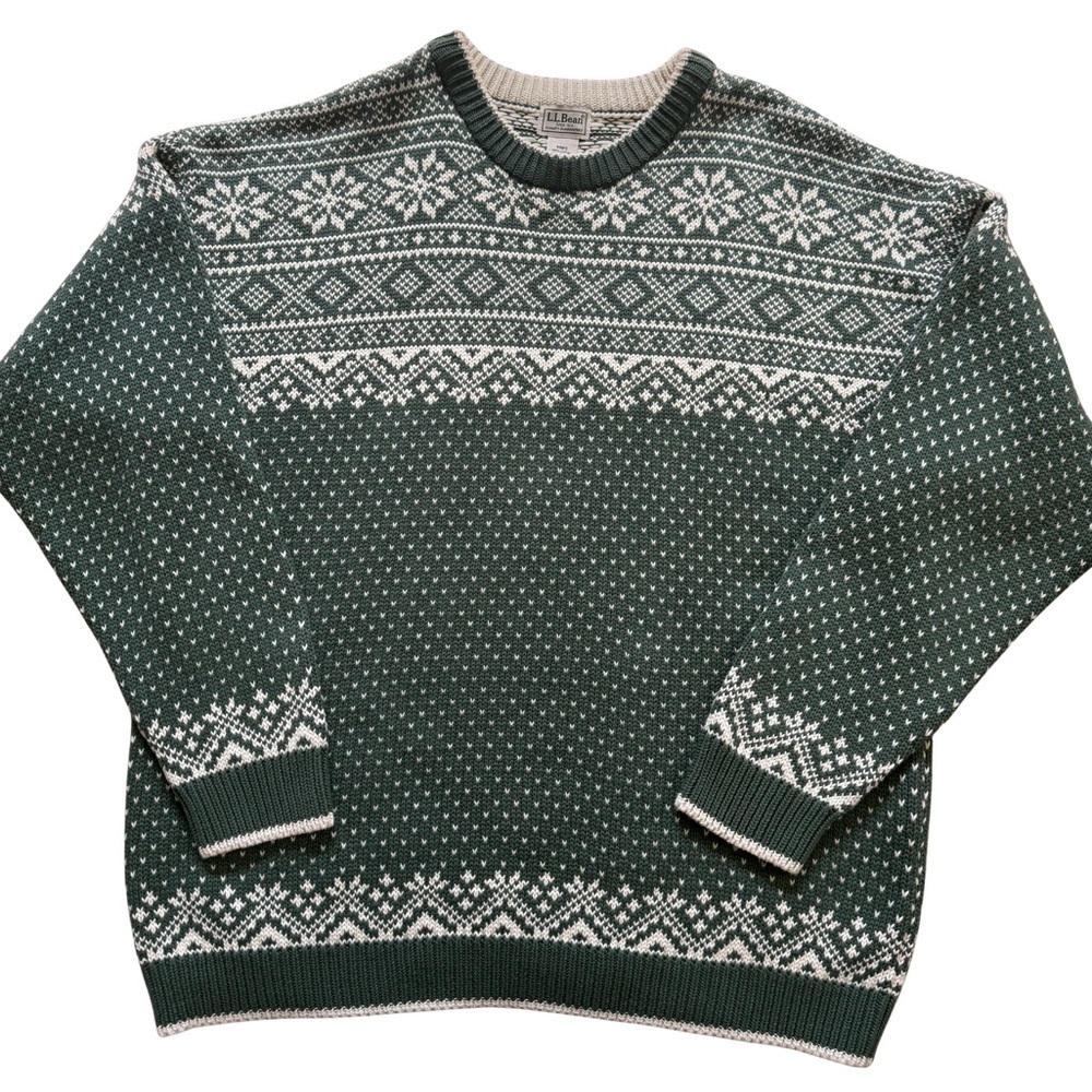 L.L. Bean Green and White Fair Isle Crewneck Sweater
